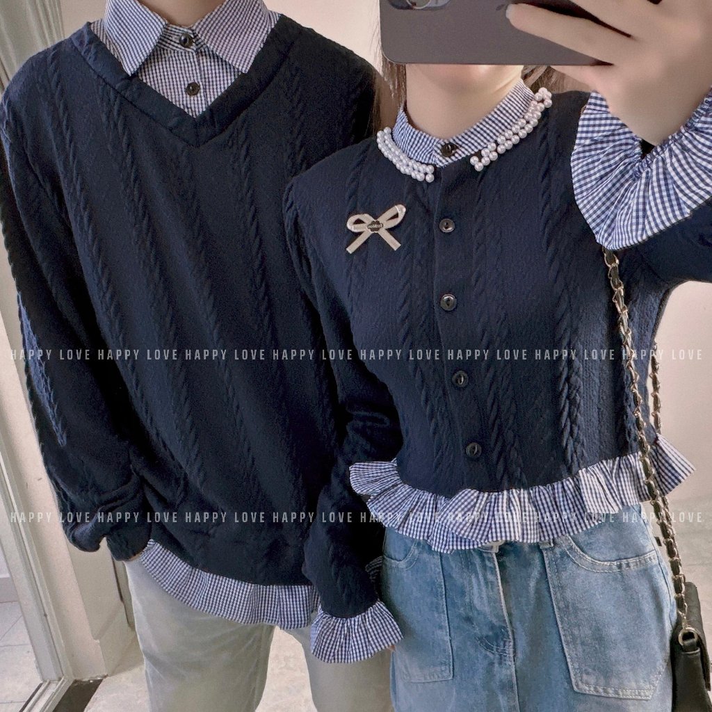 Áo len đôi nam nữ đi đà lạt màu xanh than giả sơ mi tặng kèm phụ kiện nơ cài xinh xắn dành cho cặp đôi HAPPYLOVE H131