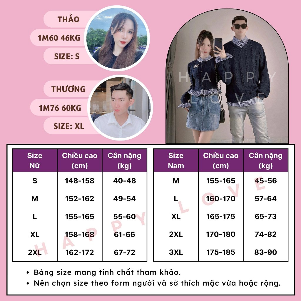 Áo len đôi nam nữ đi đà lạt màu xanh than giả sơ mi tặng kèm phụ kiện nơ cài xinh xắn dành cho cặp đôi HAPPYLOVE H131