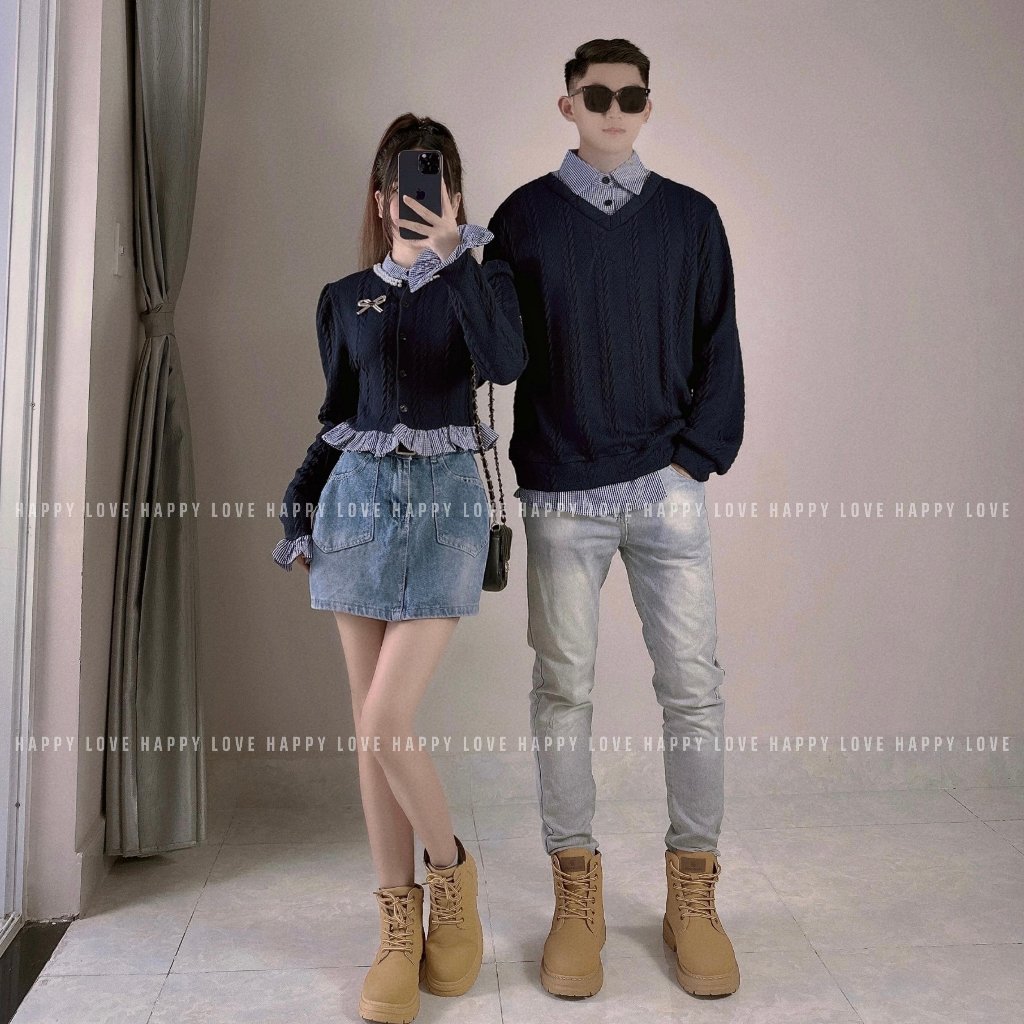 Áo len đôi nam nữ đi đà lạt màu xanh than giả sơ mi tặng kèm phụ kiện nơ cài xinh xắn dành cho cặp đôi HAPPYLOVE H131