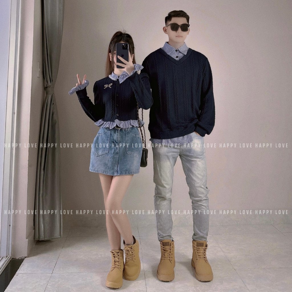 Áo len đôi nam nữ đi đà lạt màu xanh than giả sơ mi tặng kèm phụ kiện nơ cài xinh xắn dành cho cặp đôi HAPPYLOVE H131
