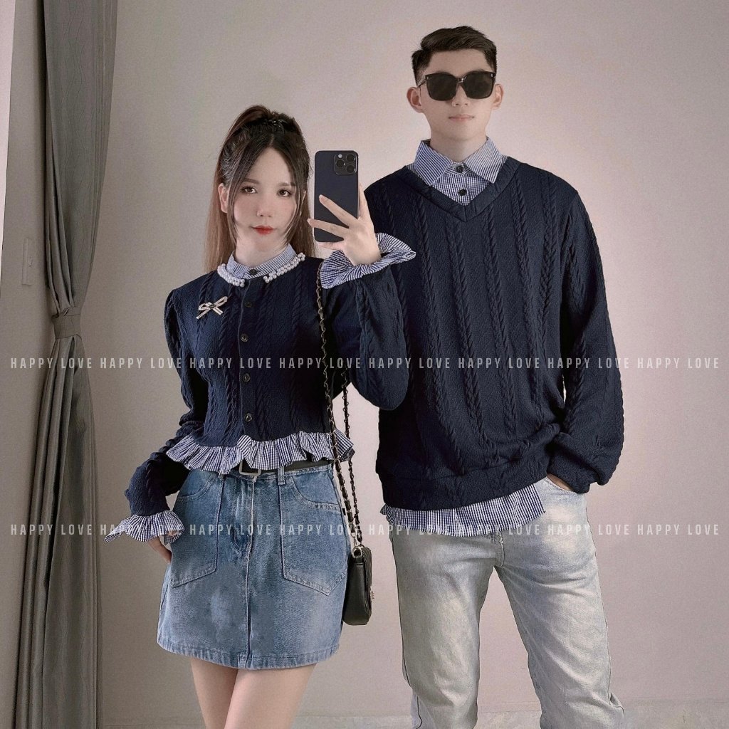 Áo len đôi nam nữ đi đà lạt màu xanh than giả sơ mi tặng kèm phụ kiện nơ cài xinh xắn dành cho cặp đôi HAPPYLOVE H131