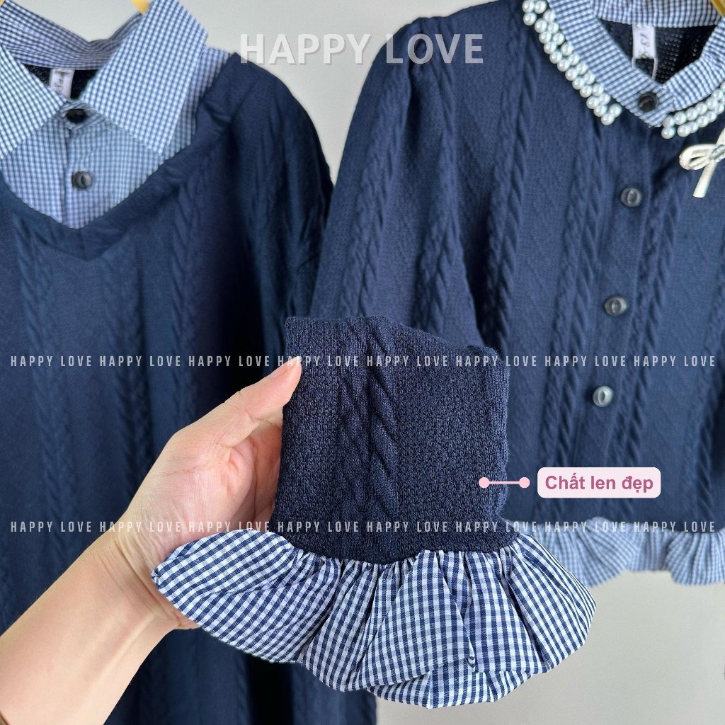 Áo len đôi nam nữ đi đà lạt màu xanh than giả sơ mi tặng kèm phụ kiện nơ cài xinh xắn dành cho cặp đôi HAPPYLOVE H131