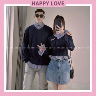 Áo len đôi nam nữ đi đà lạt màu xanh than giả sơ mi tặng kèm phụ kiện nơ cài xinh xắn dành cho cặp đôi HAPPYLOVE H131