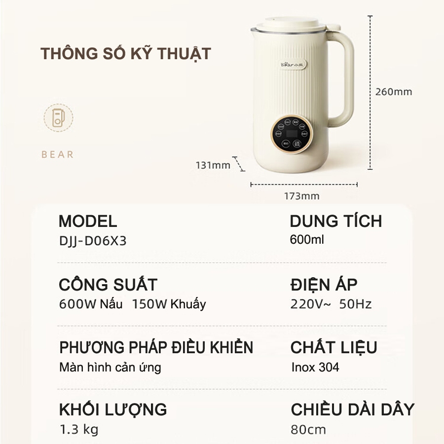Máy làm sữa hạt Bear 600ml, 8 chức năng, xay nấu sữa hạt, xay sinh tố đa năng – Hàng chính hãng bảo hành 6-18 tháng
