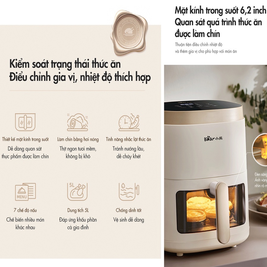 Nồi chiên không dầu 5L Bear công nghệ nhiệt đối Lưu 360 độ, hẹn giờ lên đến 60 phút – Hàng chính hãng bảo hành 6-18 thán