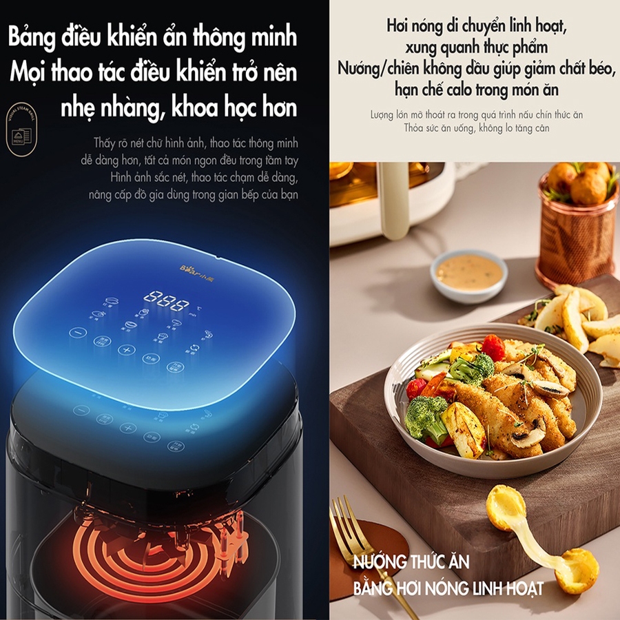 Nồi chiên không dầu 5L Bear công nghệ nhiệt đối Lưu 360 độ, hẹn giờ lên đến 60 phút – Hàng chính hãng bảo hành 6-18 thán