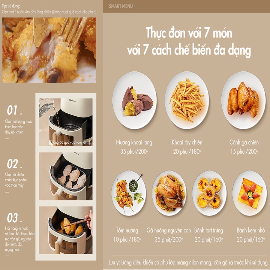Nồi chiên không dầu 5L Bear công nghệ nhiệt đối Lưu 360 độ, hẹn giờ lên đến 60 phút – Hàng chính hãng bảo hành 6-18 thán