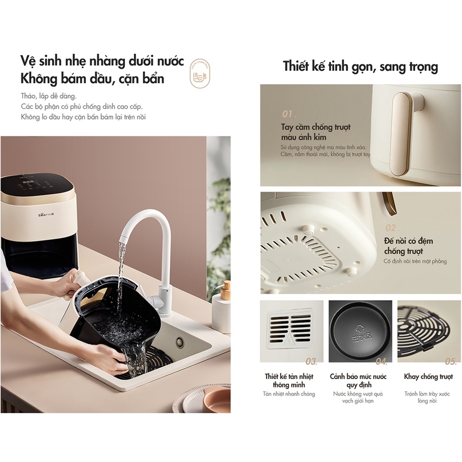 Nồi chiên không dầu 5L Bear công nghệ nhiệt đối Lưu 360 độ, hẹn giờ lên đến 60 phút – Hàng chính hãng bảo hành 6-18 thán