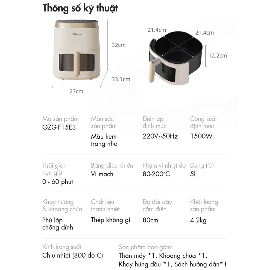 Nồi chiên không dầu 5L Bear công nghệ nhiệt đối Lưu 360 độ, hẹn giờ lên đến 60 phút – Hàng chính hãng bảo hành 6-18 thán