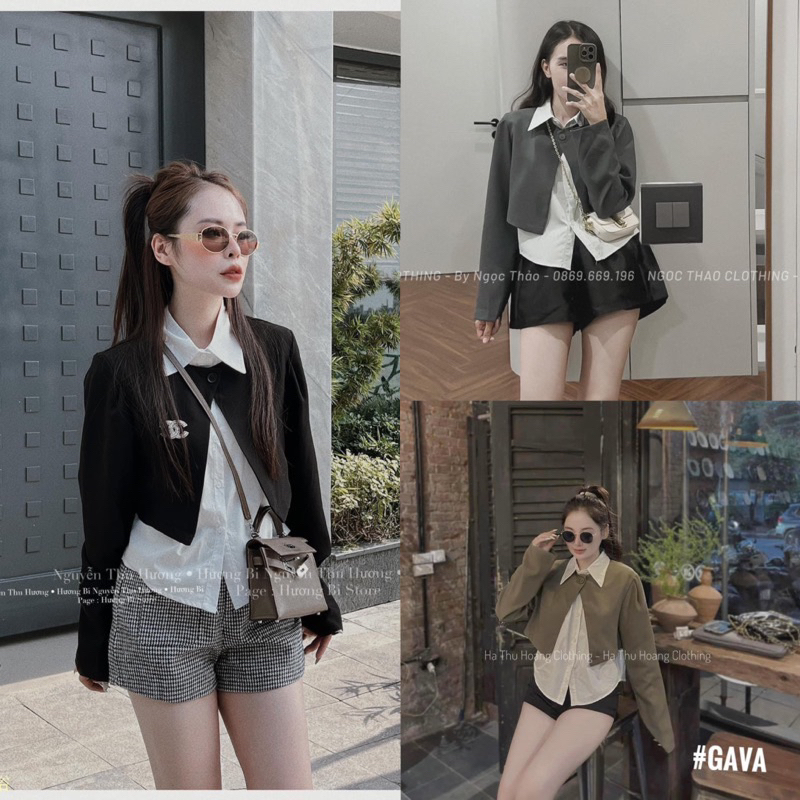 Sơ mi nữ phối blazer dài tay, blazer dáng croptop tay dài thiết kế 1 cúc phối sơ mi cổ bẻ sang chảnh huyenstore.23