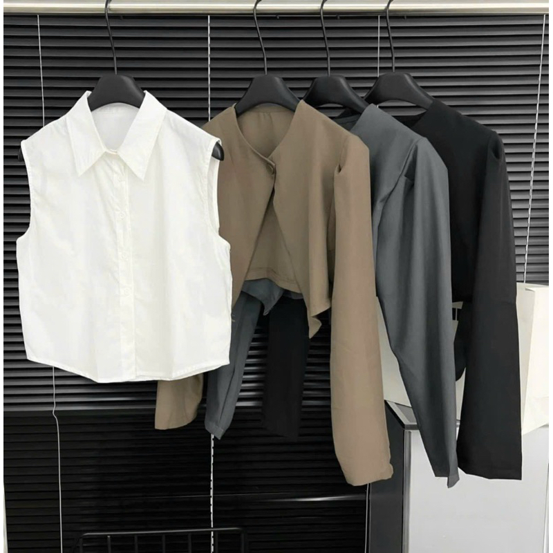 Sơ mi nữ phối blazer dài tay, blazer dáng croptop tay dài thiết kế 1 cúc phối sơ mi cổ bẻ sang chảnh huyenstore.23