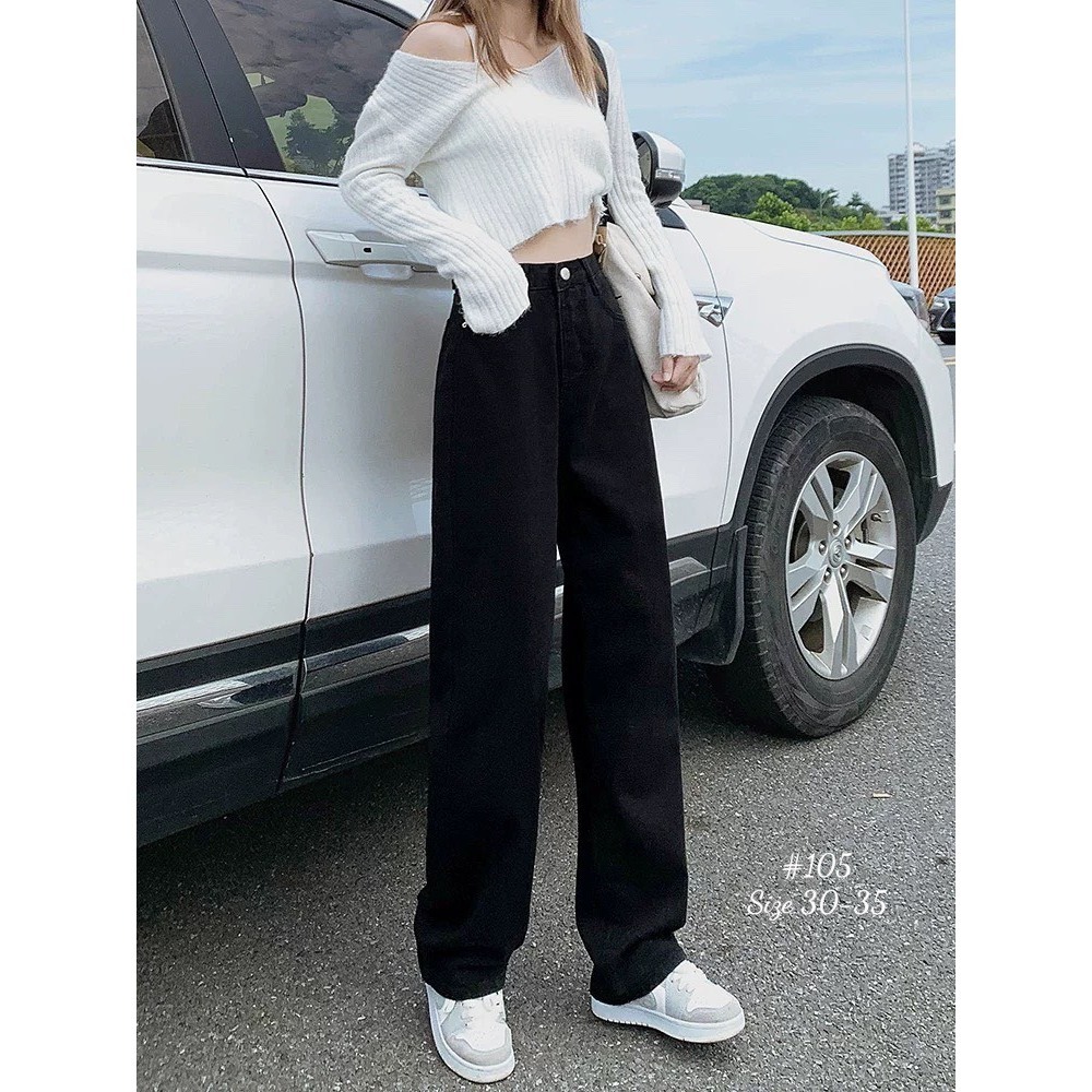 Quần jean ống rộng nữ Bigsize từ 40kg-85kg rách gối màu đen, quần bò suông cạp cao hách dáng KiKaJeans