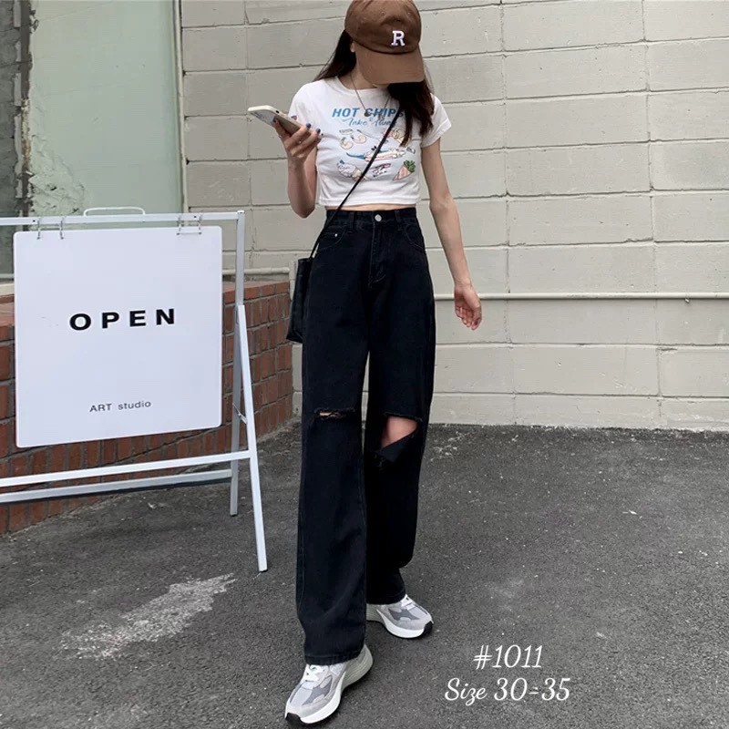 Quần jean ống rộng nữ Bigsize từ 40kg-85kg rách gối màu đen, quần bò suông cạp cao hách dáng KiKaJeans