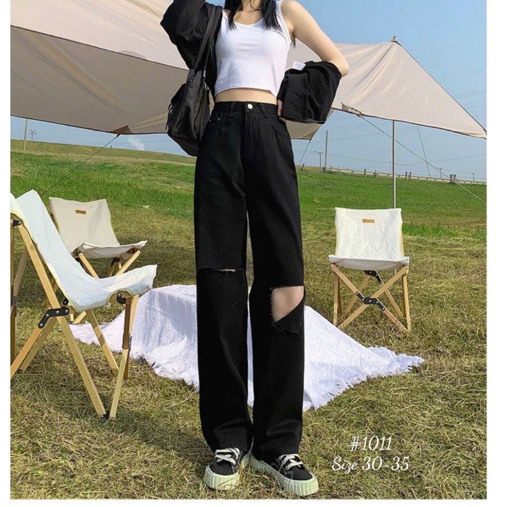 Quần jean ống rộng nữ Bigsize từ 40kg-85kg rách gối màu đen, quần bò suông cạp cao hách dáng KiKaJeans