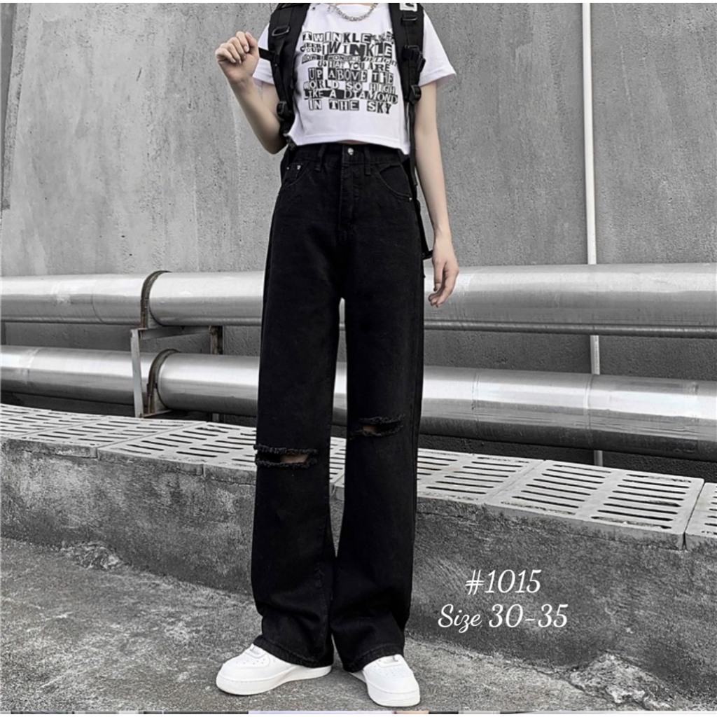 Quần jean ống rộng nữ Bigsize từ 40kg-85kg rách gối màu đen, quần bò suông cạp cao hách dáng KiKaJeans