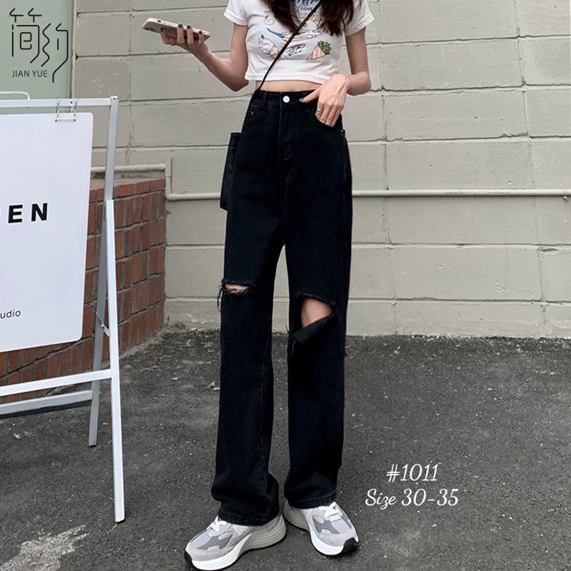 Quần jean ống rộng nữ Bigsize từ 40kg-85kg rách gối màu đen, quần bò suông cạp cao hách dáng KiKaJeans