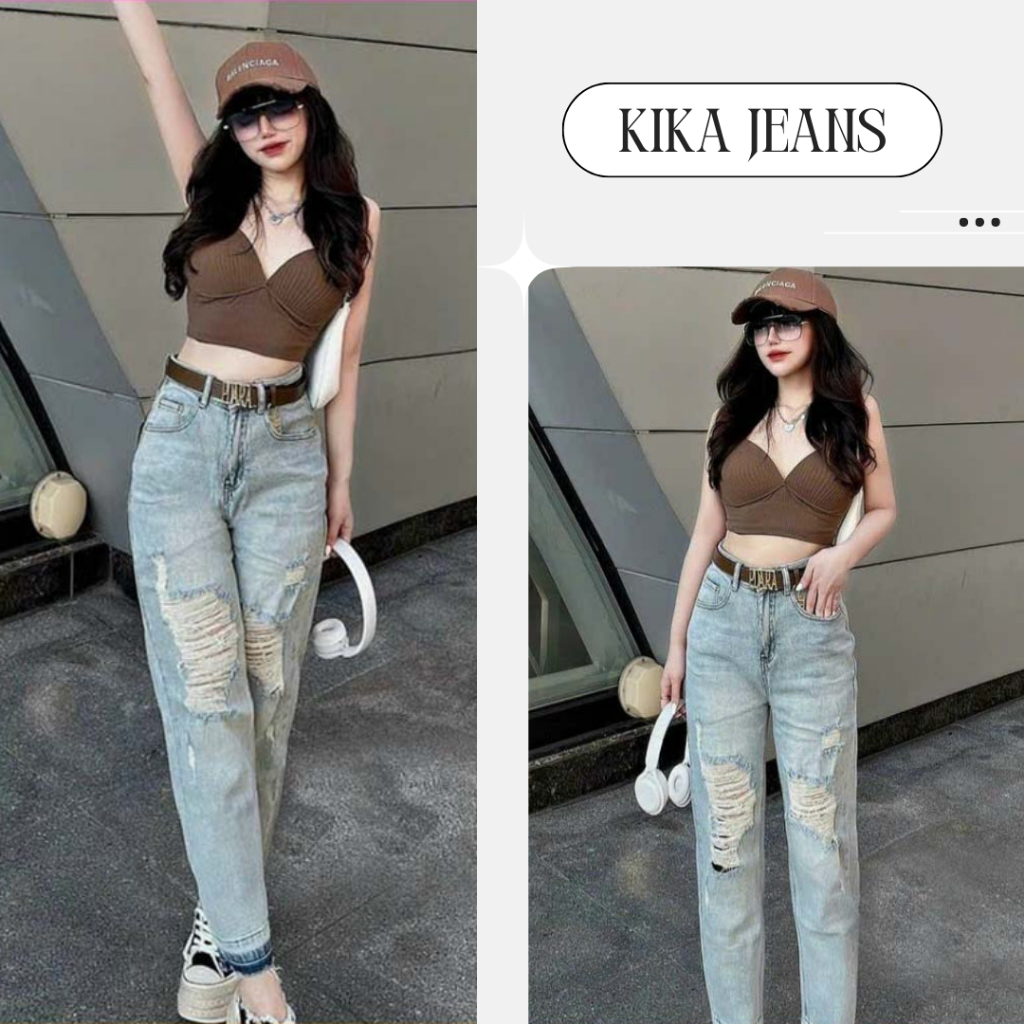 Quần jean baggy nữ lưng cao rách gối, quần bò ống đứng màu bụi thời trang MS280 - KIKA JEANS