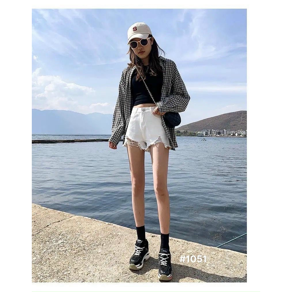 Quần short jean nữ Bigsize từ 40kg-85kg phối rách kiểu lưng cao, quần đùi bò trắng cạp cao Ms1059 KIKAJeans