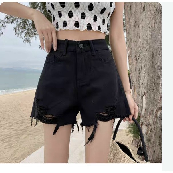 Quần short jean nữ Bigsize từ 40kg-85kg phối rách kiểu lưng cao, quần đùi bò trắng cạp cao Ms1059 KIKAJeans