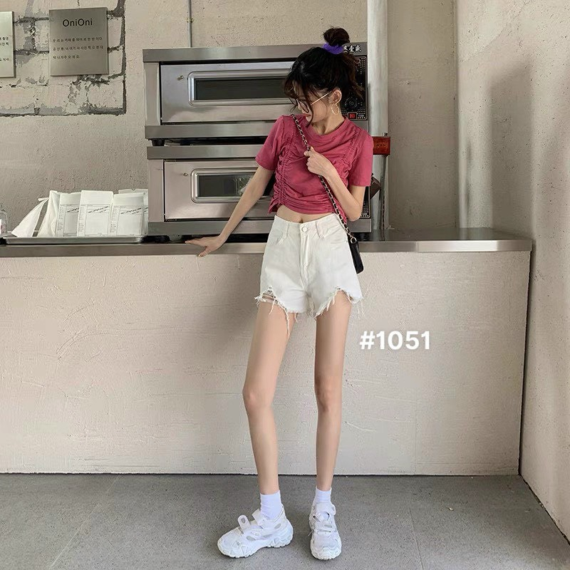 Quần short jean nữ Bigsize từ 40kg-85kg phối rách kiểu lưng cao, quần đùi bò trắng cạp cao Ms1059 KIKAJeans