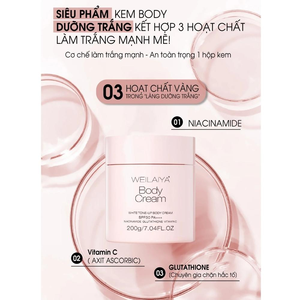 Kem body weilaiya Dưỡng Trắng Da Nâng Tone, chống nắng SPF30 PA +++ White Tone-Up Body Cream SPF30 PA+++ 200ml