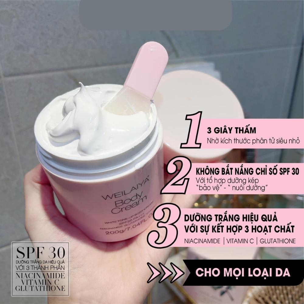 Kem body weilaiya Dưỡng Trắng Da Nâng Tone, chống nắng SPF30 PA +++ White Tone-Up Body Cream SPF30 PA+++ 200ml