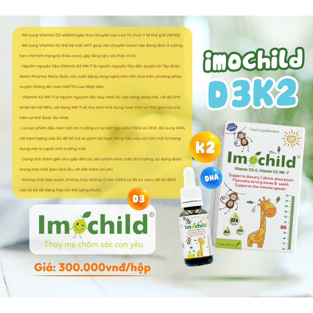 [ Mua 1 Tặng 1 ] Imochild Vitamin D3 & Vitamin K2 MK7 - Hỗ Trợ Bé Phát Triển Toàn Diện (Lọ 20ml)