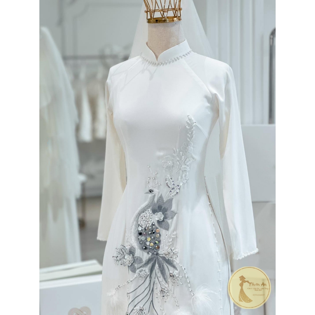 Áo dài cưới màu trắng kết hoa thêu chim sang trọng, áo dài cô dâu chú rể hiện đại, ÁO DÀI THIÊN AN