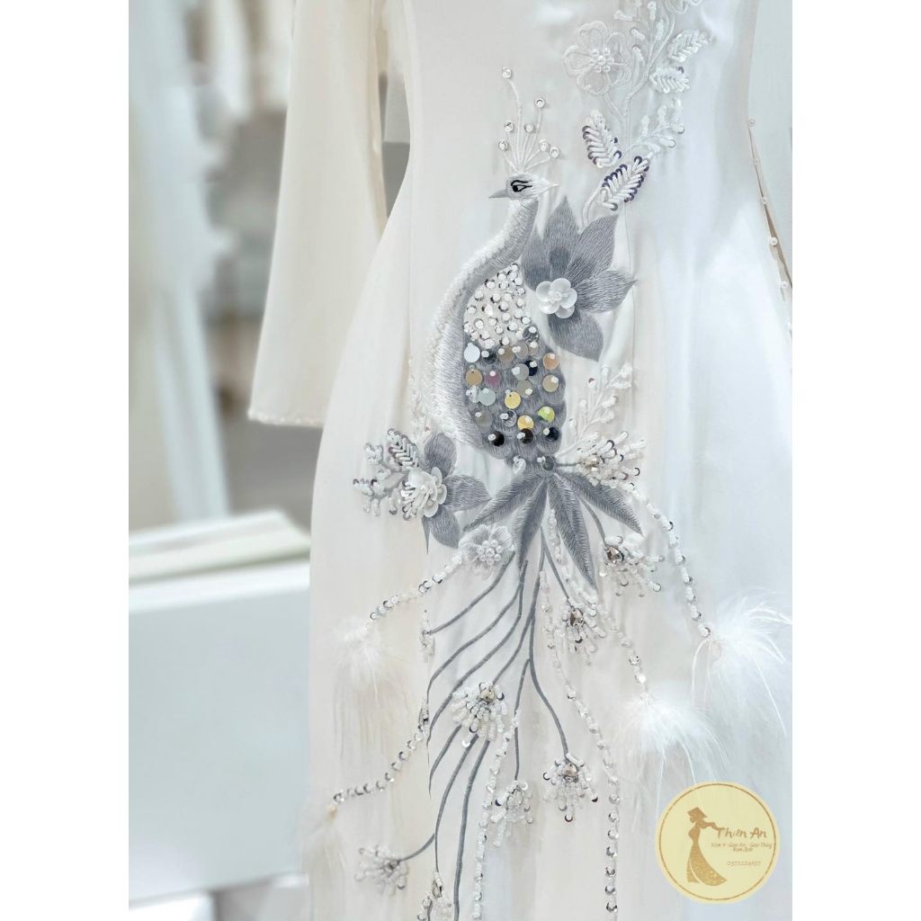 Áo dài cưới màu trắng kết hoa thêu chim sang trọng, áo dài cô dâu chú rể hiện đại, ÁO DÀI THIÊN AN