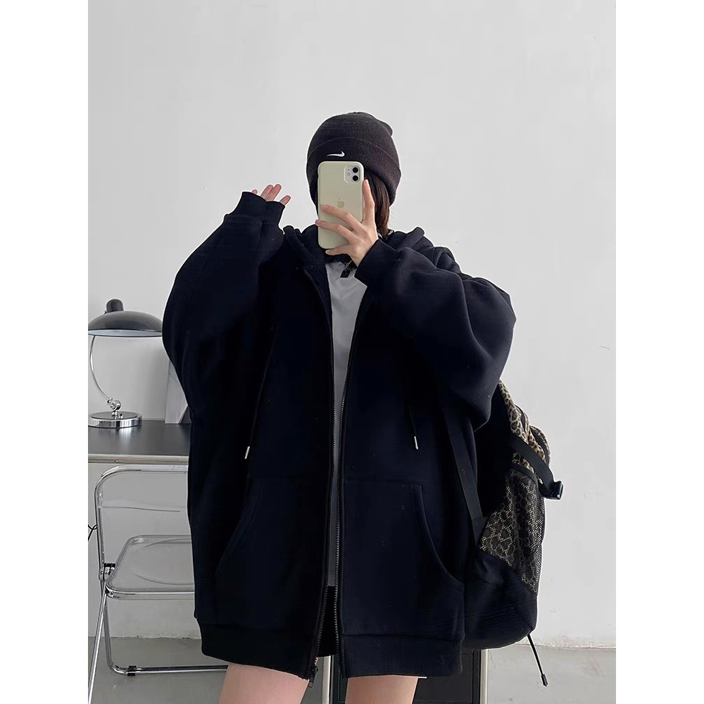 Áo Khoác Gió Áo khoác hoodie nỉ unisex mặc đôi kiểu trơn basic form rộng mũ to, Áo nỉ cặp đôi hoodi quảng châu2 lớp