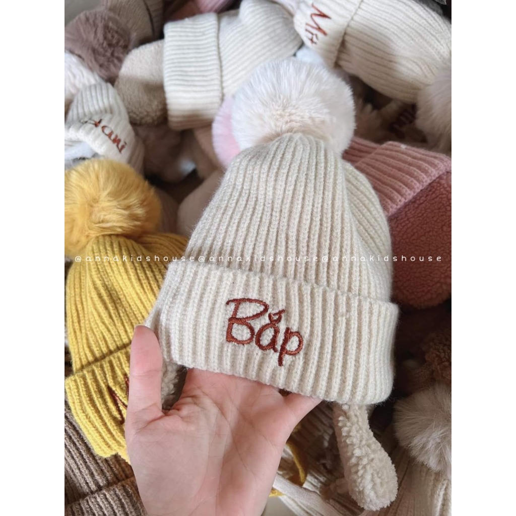 MUP 195: Mũ len bông phong cách Hàn quốc - Thêu tên bé theo yêu cầu