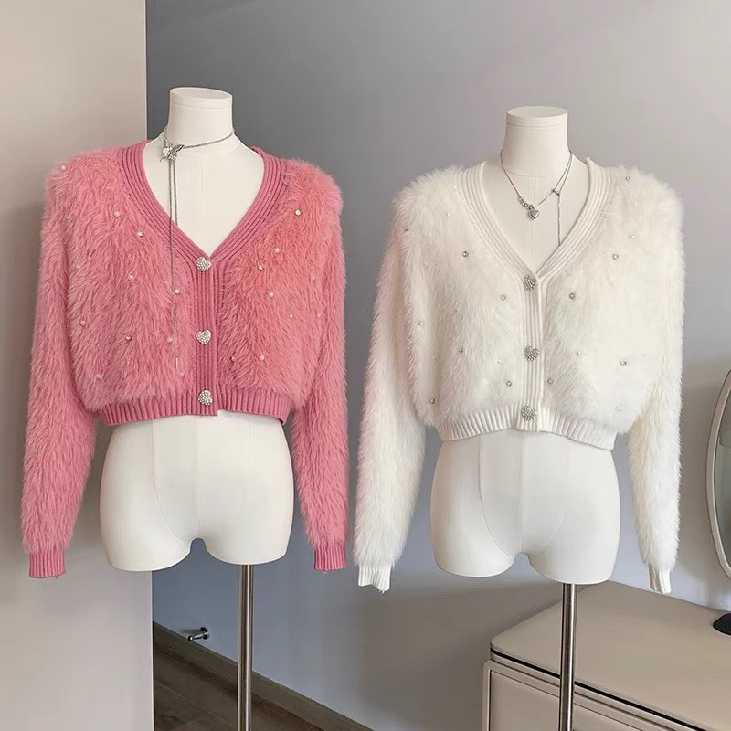 Áo khoác cadigan len lông thỏ khuy cài tay dài hàng qc A314