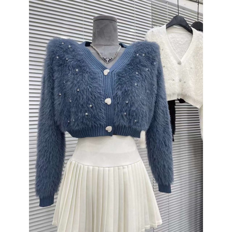 Áo khoác cadigan len lông thỏ khuy cài tay dài hàng qc A314