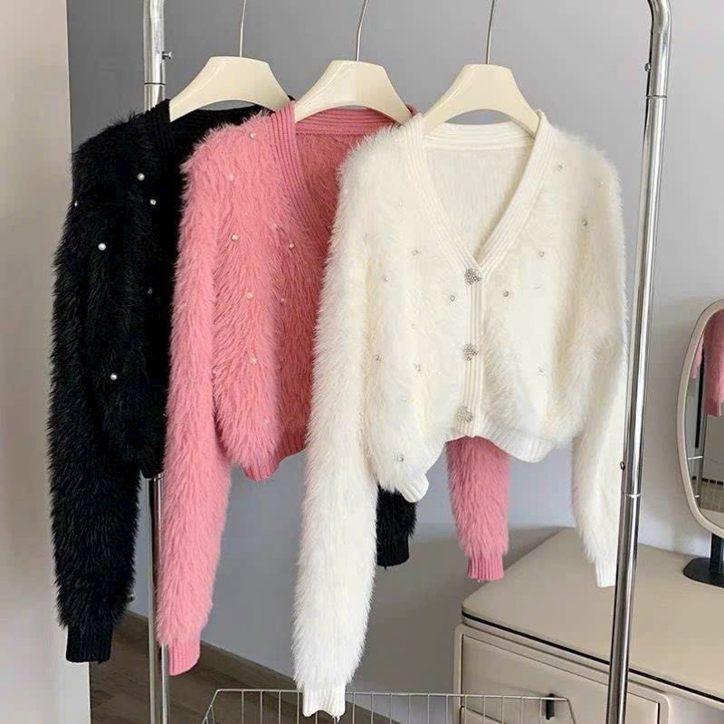 Áo khoác cadigan len lông thỏ khuy cài tay dài hàng qc A314