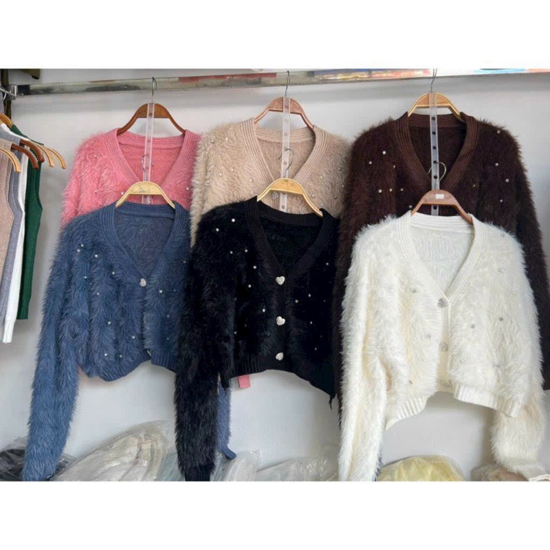 Áo khoác cadigan len lông thỏ khuy cài tay dài hàng qc A314