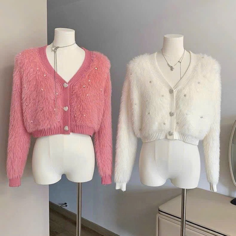 Áo khoác cadigan len lông thỏ khuy cài tay dài hàng qc A314