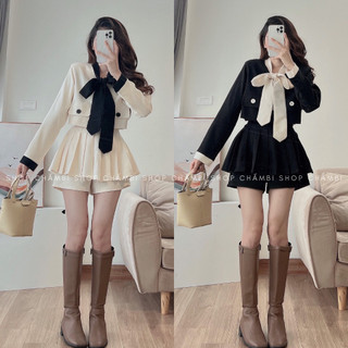   KHÔNG KÈM BELT  Set đồ nữ đi chơi S.162 Set áo thắt nơ 1 lớp mix quần váy xếp ly tiểu thư - Shop Chấm Bi 