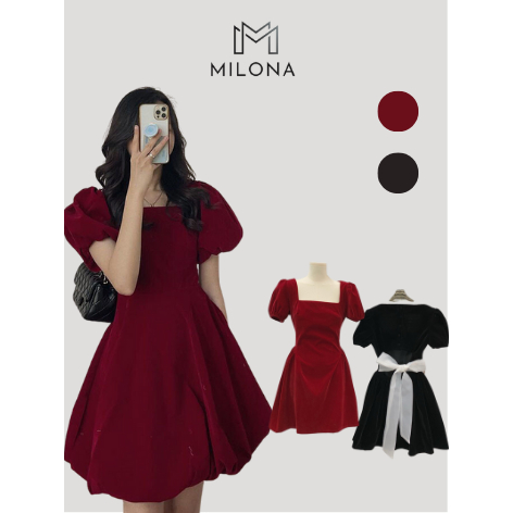 Váy Nhung Tay Bồng 2 Màu Chiết Eo Tôn Dáng Cách Điệu Nơ Sau Milona Store