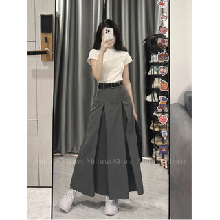 Chân váy xếp ly dáng chữ a dài kèm đai lưng phong cách hàn quốc