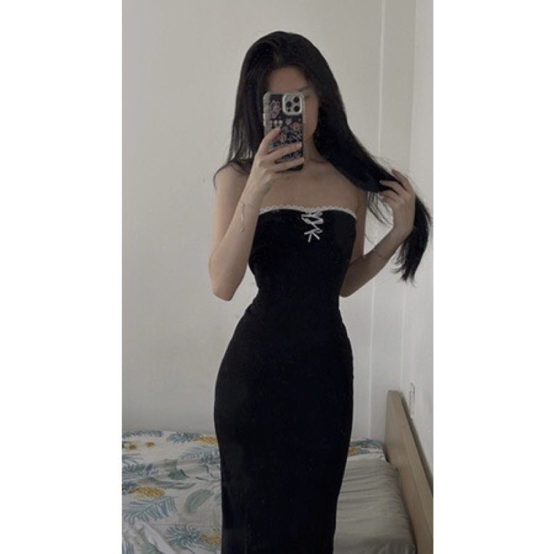 VÁY ĐẦM BODY CÚP NGỰC SẴN MÚT ĐỆM DÁNG DÀI PHỐI VIỀN REN NƠ QUYẾN RŨ
