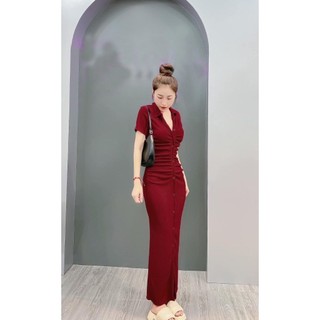 Váy đầm body cổ bẻ nhún thân dáng dài ôm eo siêu tôn dáng