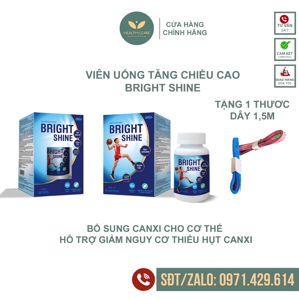 Viên uống Bright Shine TẶNG THƯỚC DÂY ĐO CHIỀU CAO CHO BÉ (Hộp 60 viên) và siro Vinpharma Canxi - Phát triển chiều cao