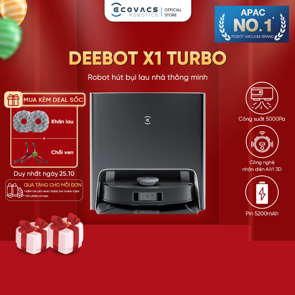 Robot hút bụi Deebot X1 Turbo_Lực hút 5000PA_DEX11 Bản Quốc Tế_Tự động giặt khăn lau_Hàng chính hãng_BH 24 tháng