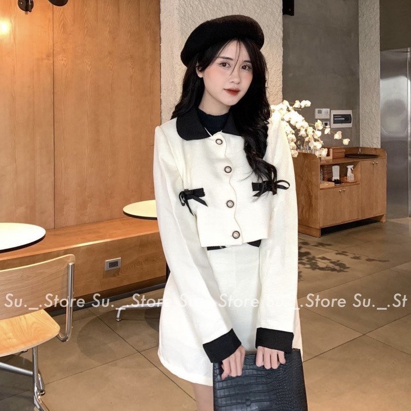 Set dạ Tweet cổ sen lượn sóng phối màu đen kèm chân váy chữ A Hari GenZ 217 P13K1