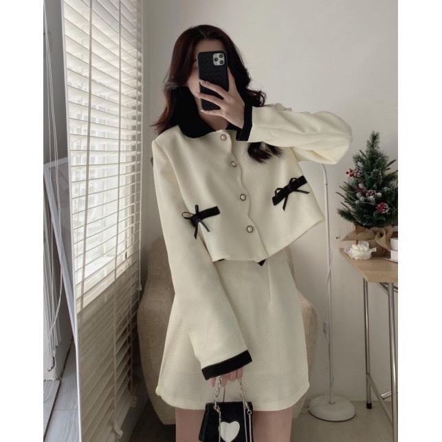 Set dạ Tweet cổ sen lượn sóng phối màu đen kèm chân váy chữ A Hari GenZ 217 P13K1