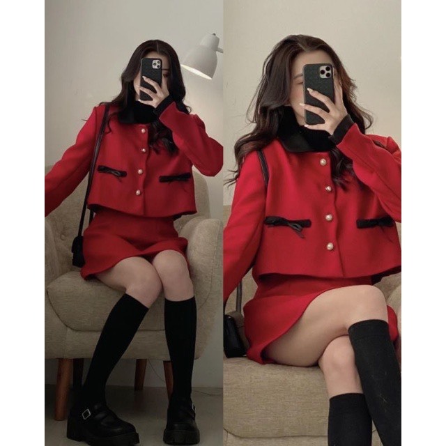 Set dạ Tweet cổ sen lượn sóng phối màu đen kèm chân váy chữ A Hari GenZ 217 P13K1