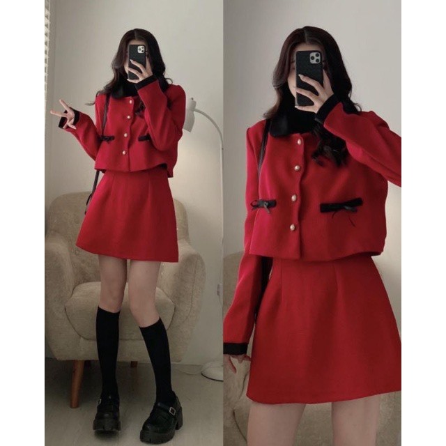 Set dạ Tweet cổ sen lượn sóng phối màu đen kèm chân váy chữ A Hari GenZ 217 P13K1