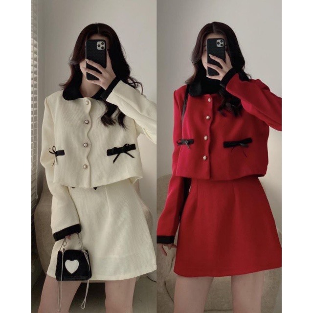 Set dạ Tweet cổ sen lượn sóng phối màu đen kèm chân váy chữ A Hari GenZ 217 P13K1