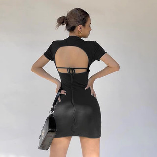 Thanh lý - Đầm body tay ngắn hở lưng cột dây màu đen basic
