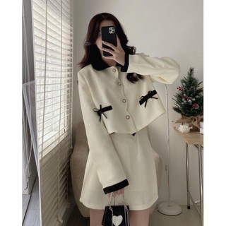 Set dạ Tweet cổ sen lượn sóng phối màu đen kèm chân váy chữ A-Setda217 P13K1